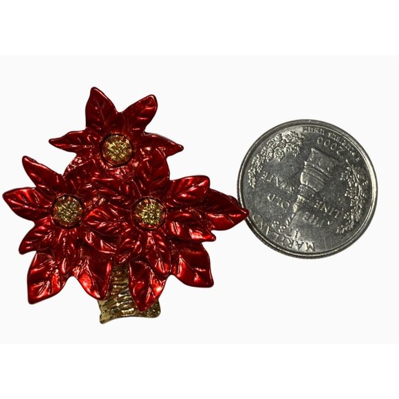 Red Poinsettia Flower Brooch Pin Gold-Tone Metal Festive Holiday Jewelry - Picture 3 of 8